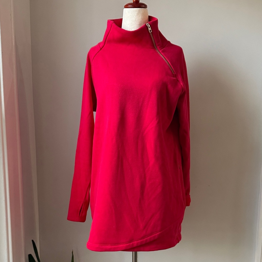Athleta Red Asymmetrical Zip Cowl Sweater Cozy Karma Tunic size Small